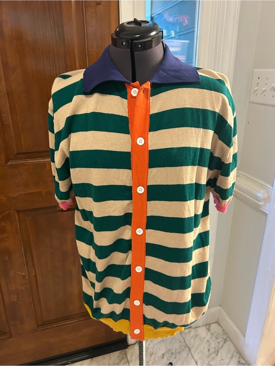 OXKnit Other - Striped Short-Sleeve Button-Down Shirt in Green, Cream & Navy